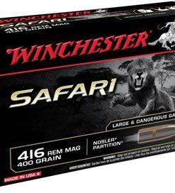 Winchester Supreme Safari Rifle Ammunition S416SLSP, 416 Remington Mag, Nosler Partition, 400 GR, 2370 fps, 20 Rd/bx