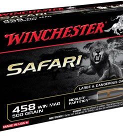 Winchester Supreme Safari Rifle Ammunition S458WSLSP, 458 Winchester Mag, Nosler Partition, 500 GR, 2240 fps, 20 Rd/bx