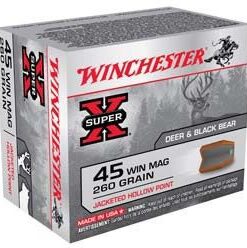 Winchester Super-X Pistol Ammunition X45WMA, 45 Winchester Mag, Jacketed HP, 260 GR, 1200 fps, 20 Rd/bx