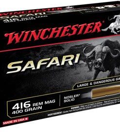 Winchester Supreme Safari Rifle Ammunition S416SLS, 416 Remington Mag, Nosler Solid, 400 GR, 2400 fps, 20 Rd/bx