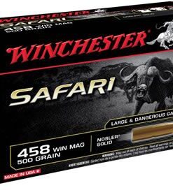 Winchester Supreme Safari Rifle Ammunition S458WSLS, 458 Winchester Mag, Nosler Solid, 500 GR, 2240 fps, 20 Rd/bx